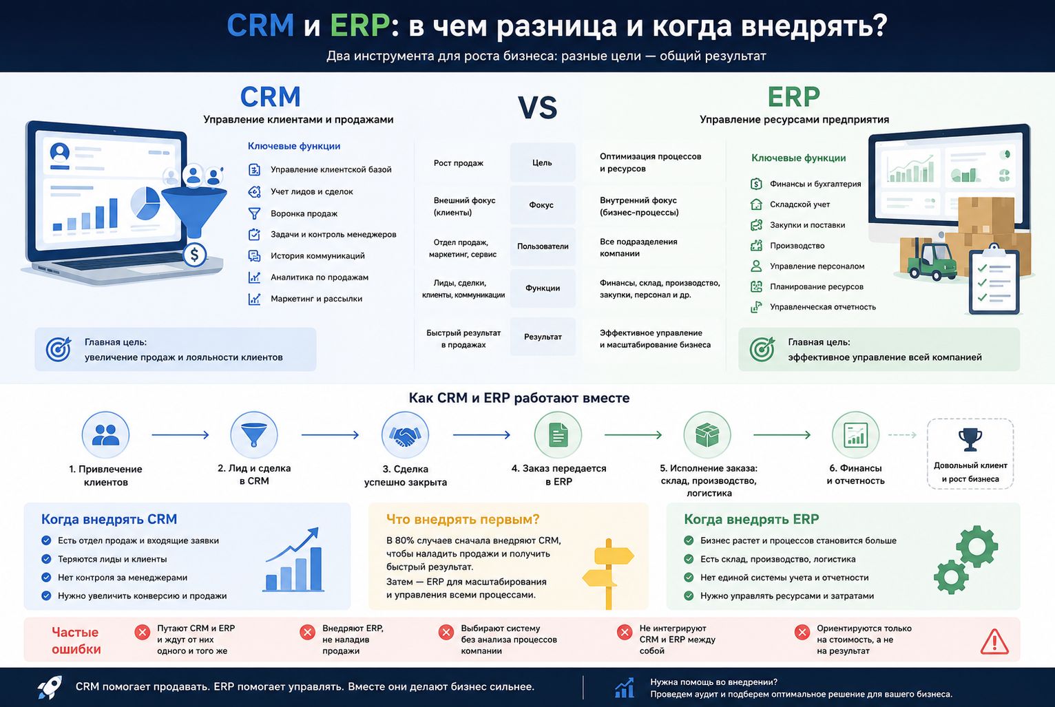 CRM и ERP: в чем разница, функции и на каком этапе требуется внедрение.